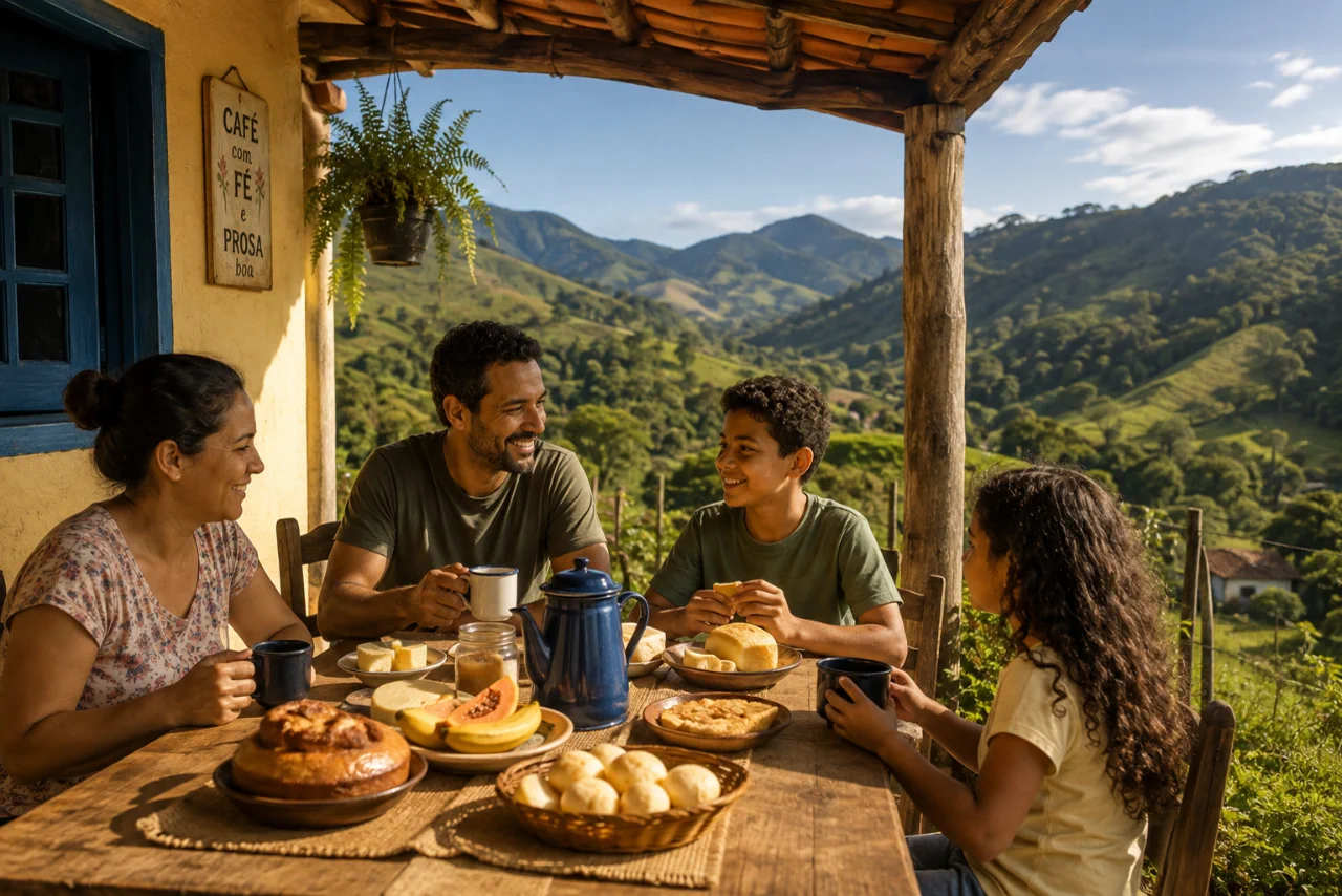 Família tomando café da tarde com produtos mineiros